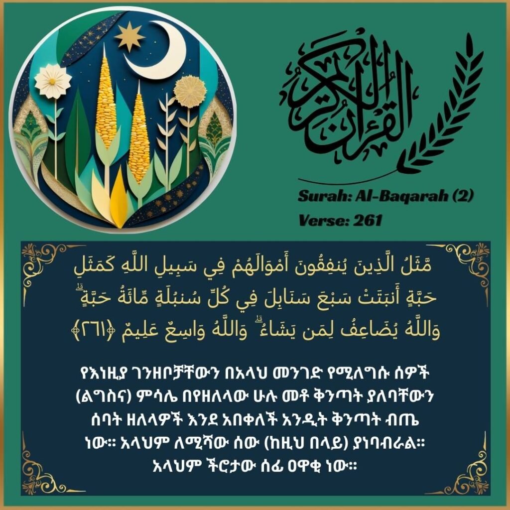 Image of Amharic translation text of Surah Al-Baqarah (2:261) from the Quran.