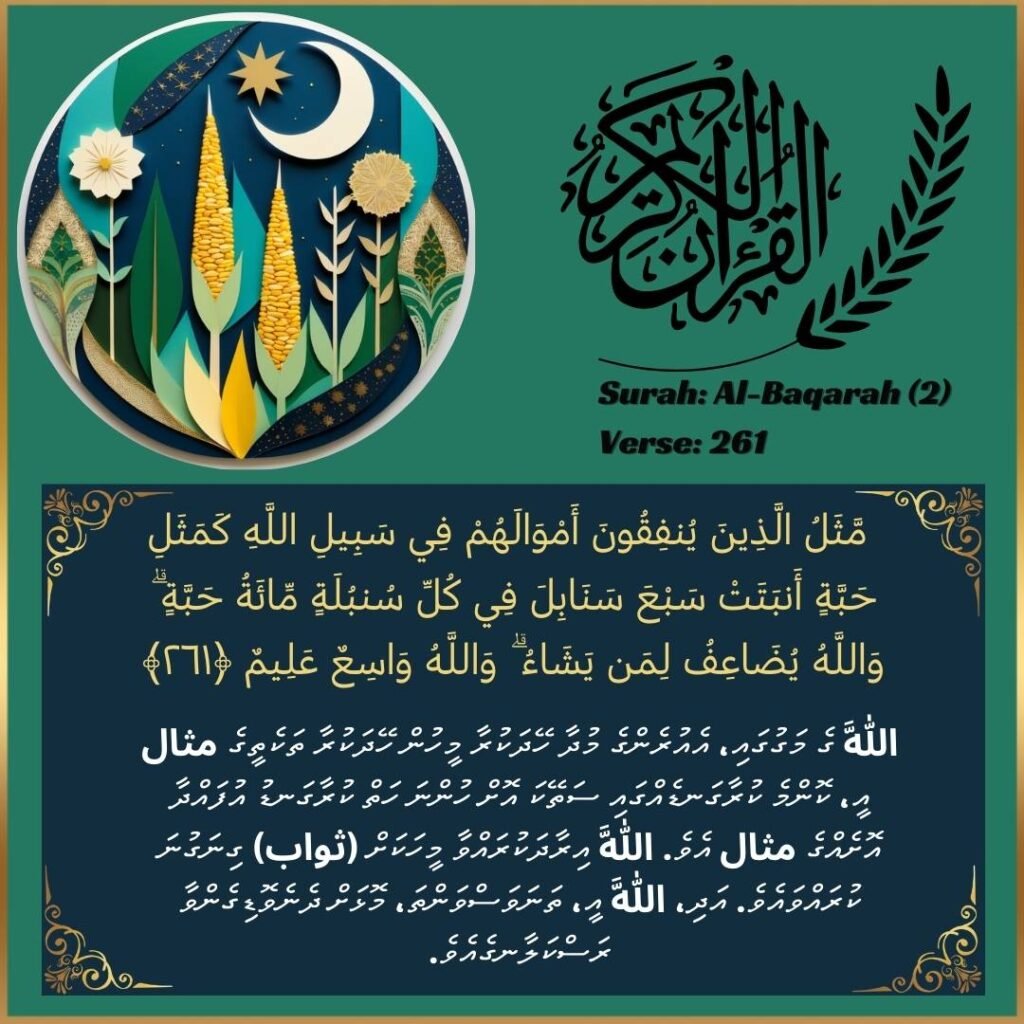 Image of Divehi translation text of Surah Al-Baqarah (2:261) from the Quran.