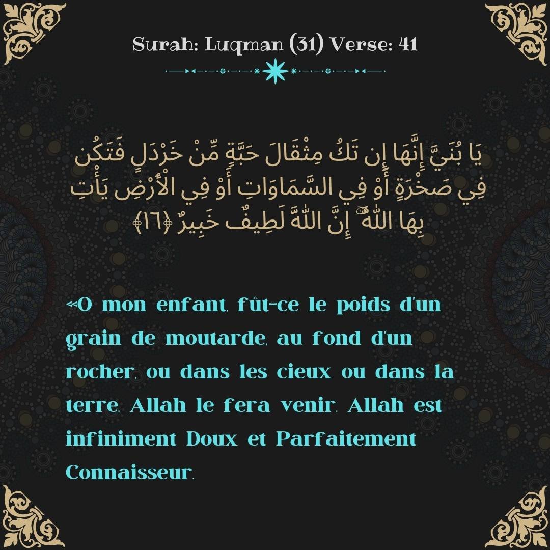 Image showing the French translation of Surah Luqman (31) Verse 41.