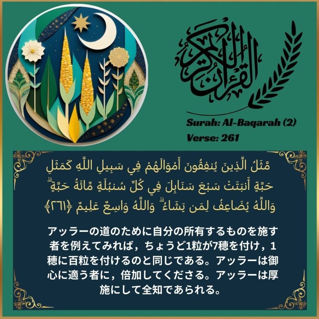 Image of Japanese translation text of Surah Al-Baqarah (2:261) from the Quran.