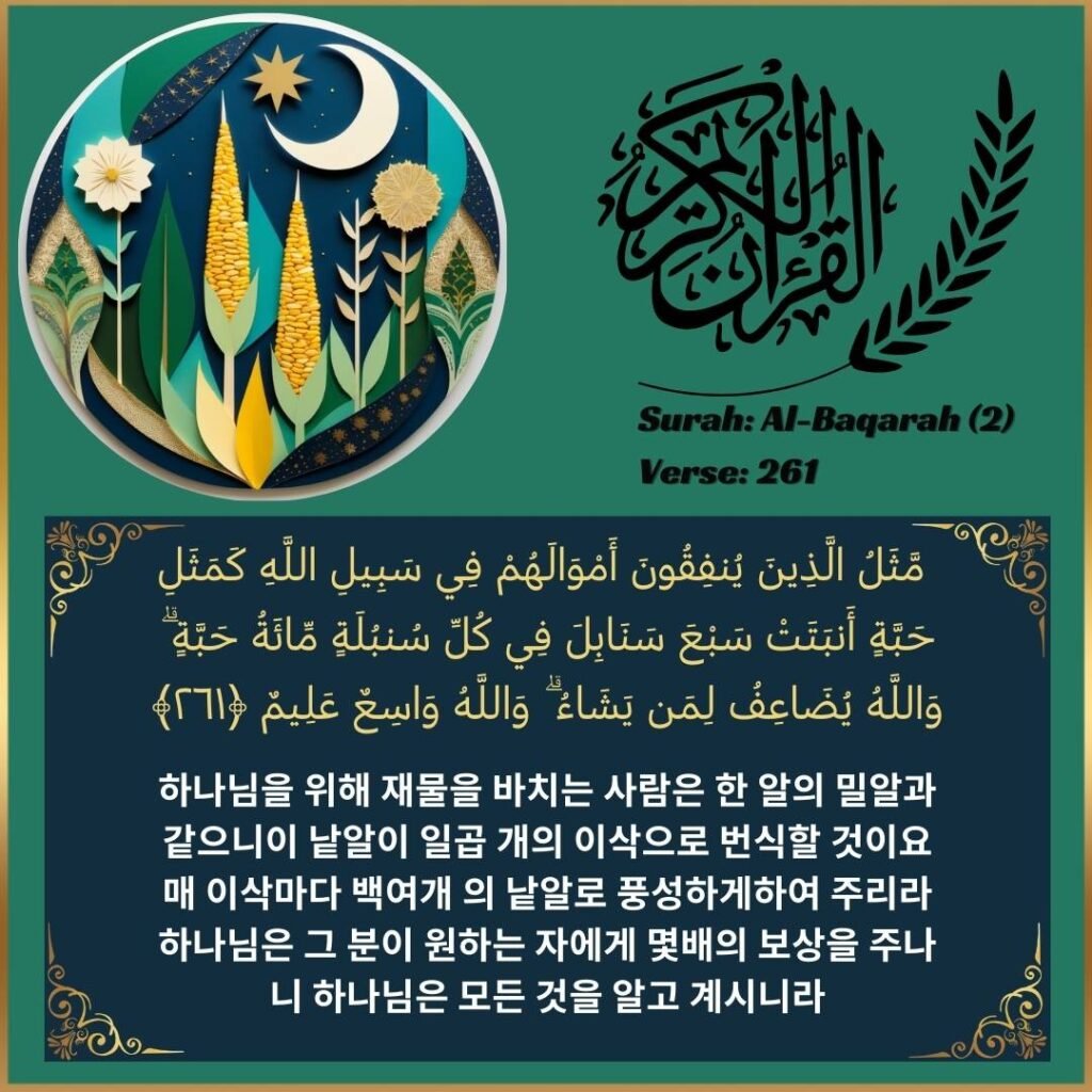 Image of Korean translation text of Surah Al-Baqarah (2:261) from the Quran.