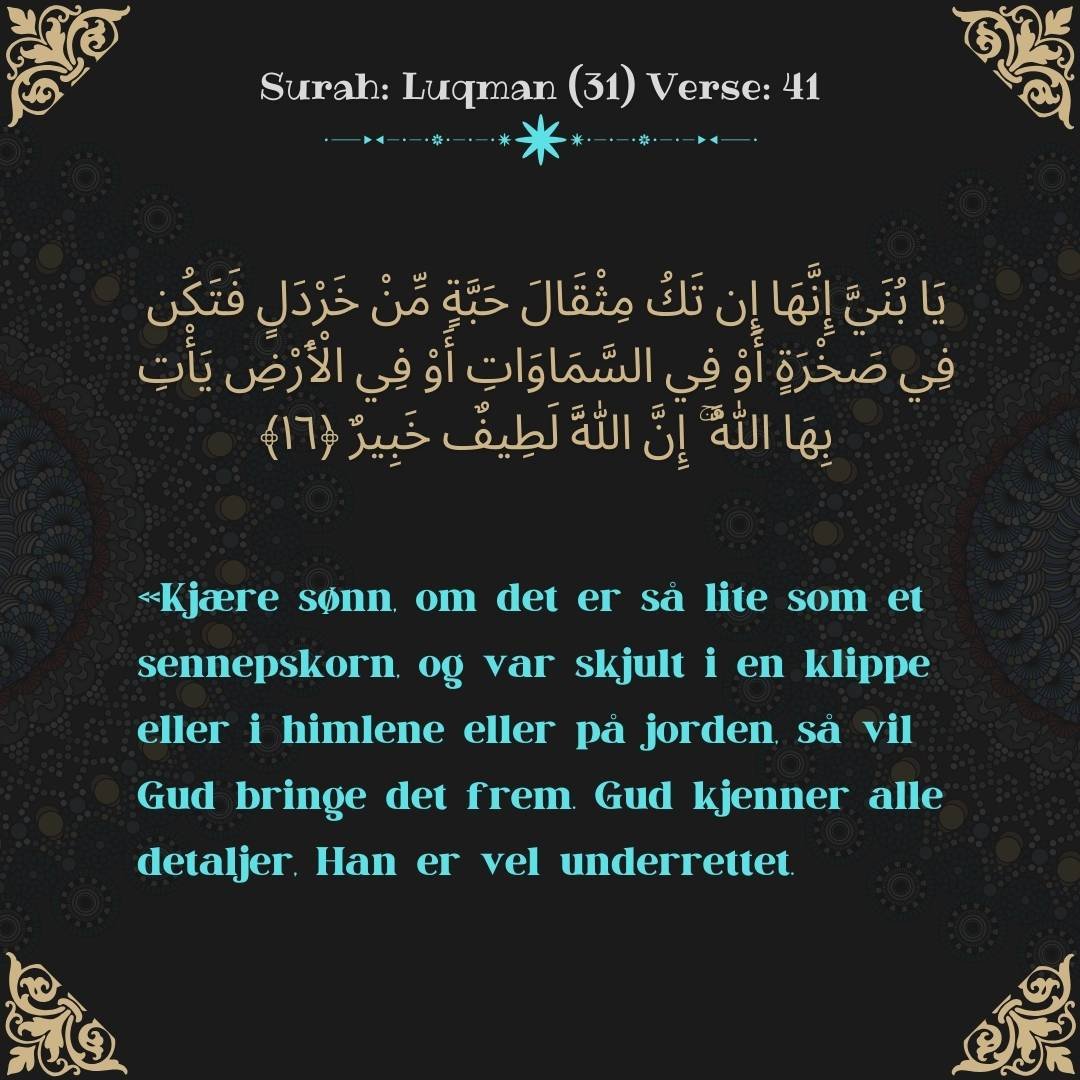 Image showing the Norwegian translation of Surah Luqman (31) Verse 41.