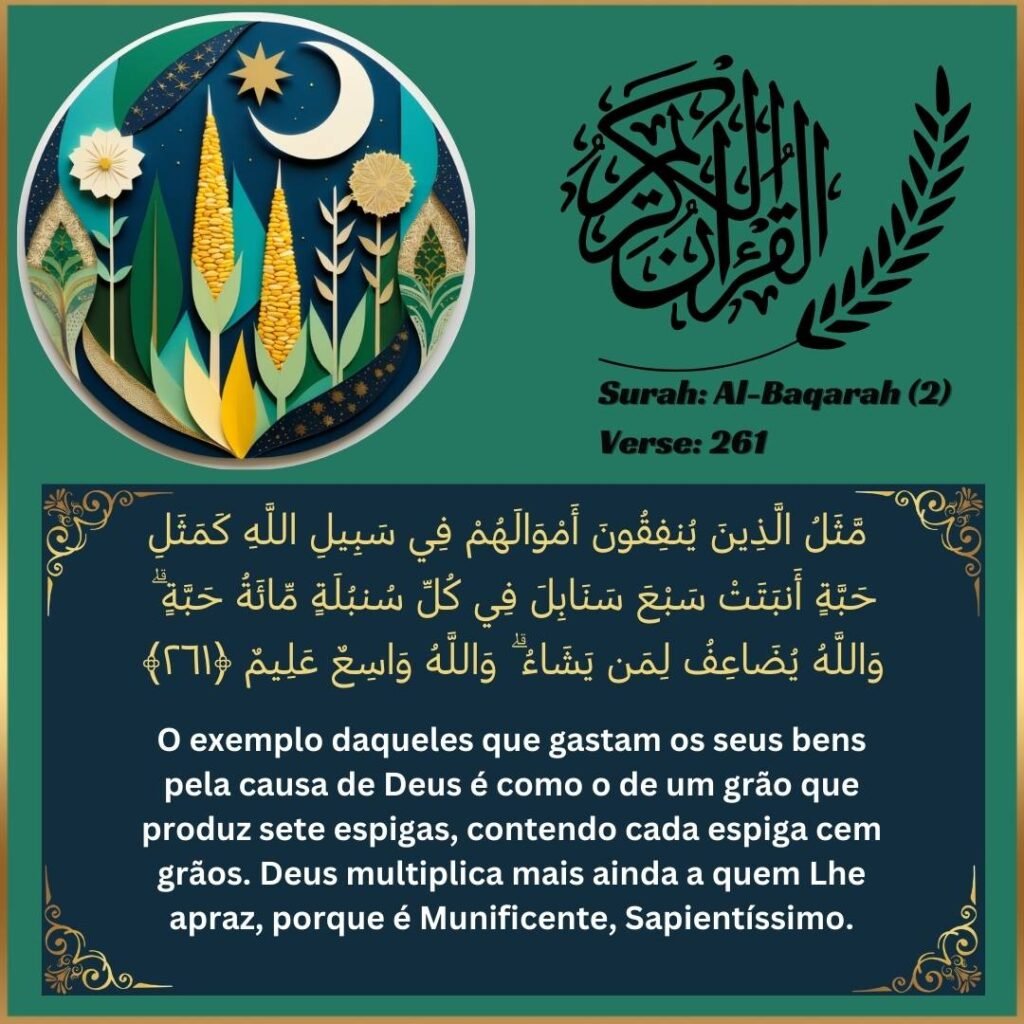 Image of Portuguese translation text of Surah Al-Baqarah (2:261) from the Quran.