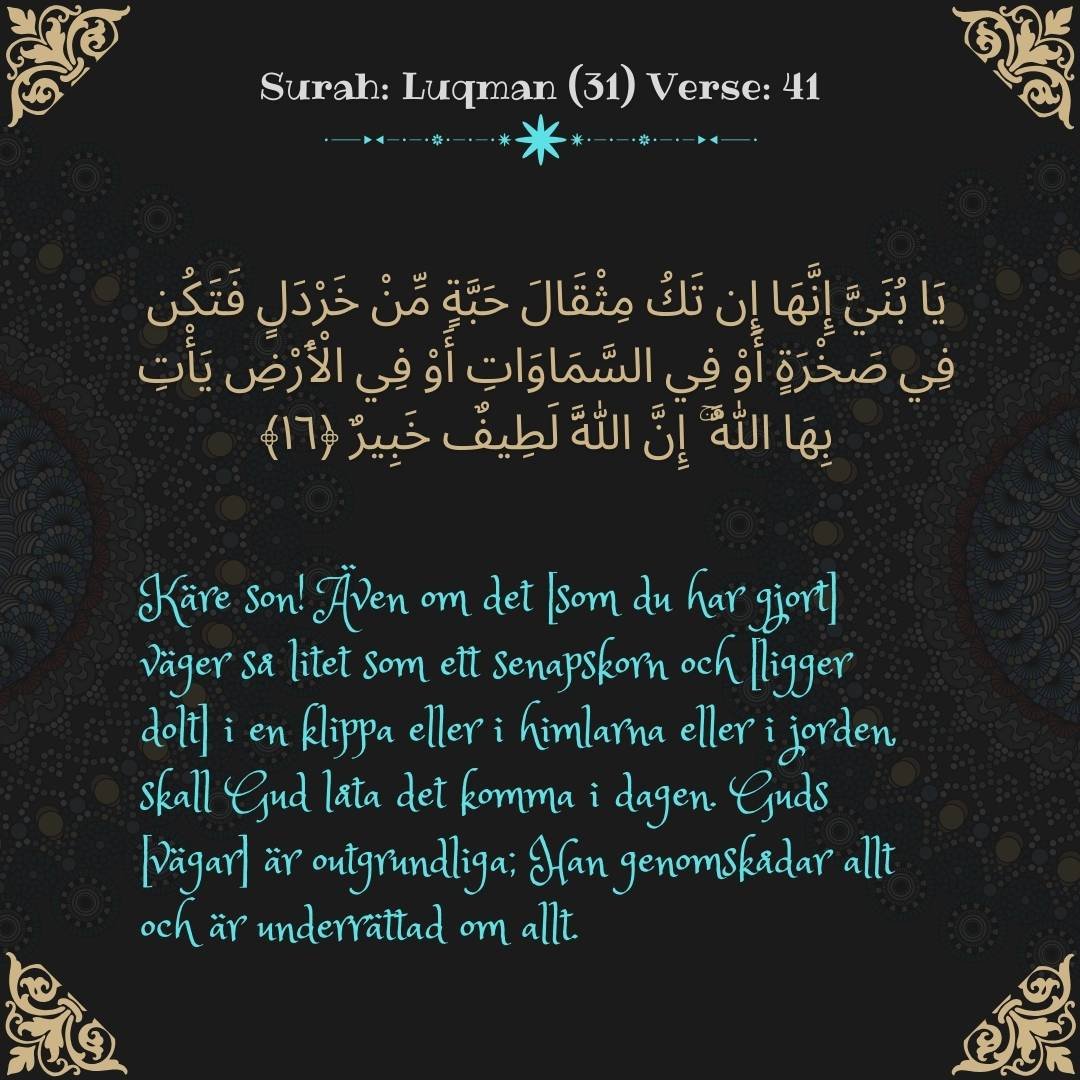 Image showing the Swedish translation of Surah Luqman (31) Verse 41.