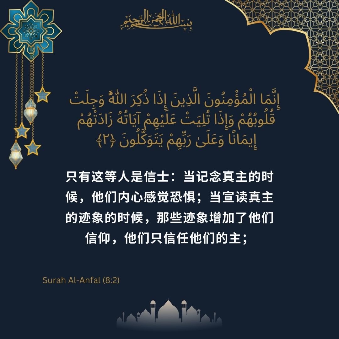 Image showing the Chinese translation of Surah Al-Anfal (8) verse 2.