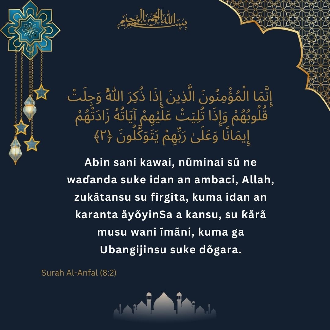 Image showing the Hausa translation of Surah Al-Anfal (8) verse 2.
