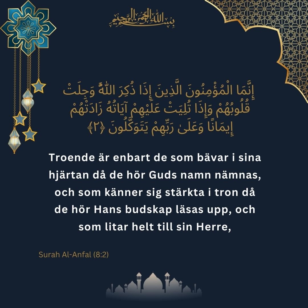 Image showing the Swedish translation of Surah Al-Anfal (8) verse 2.